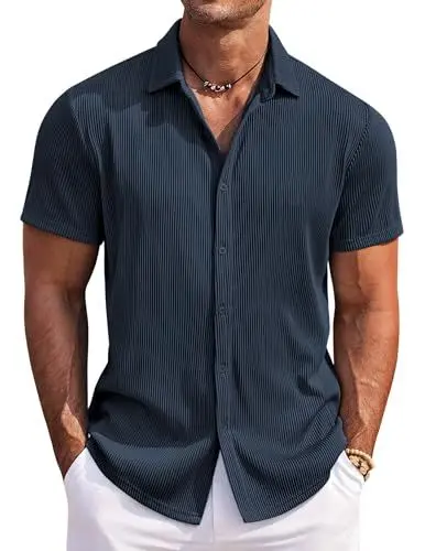 Produktbild: COOFANDY Kurzarmhemd Herren Casual Button Down Bügelfrei Hemd Regular Fit Stilvolle Textur Freizeithemden für Herren Navy blau XL