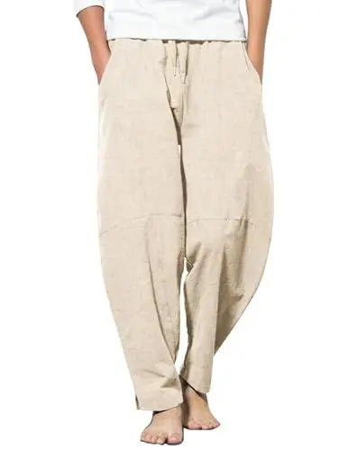 Produktbild: COOFANDY Lange Hosen Sommer Regular Fit Hosen Mit Tunnelzug Yogahose mit Taschen Haremshose Herren Leinen Chino Hose Khaki M