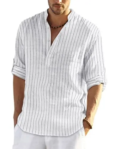 Produktbild: COOFANDY Leinenhemd Hemd Herren Langarm Henley Shirt Baumwolle Sommerhemd Stehkragen Casual Regular Fit Freizeithemd Weiße Streifen XXL