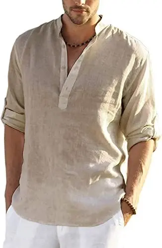 Produktbild: COOFANDY Leinenhemd Herren Langarm Hemd Herren Baumwolle Langarmshirt Freizeit Regular Fit Henley Stehkragenhemd Khaki L