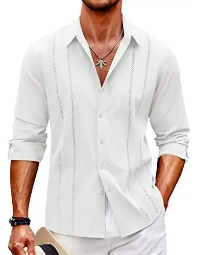 Produktbild: COOFANDY Leinenhemd Herren Langarm Sommer Button Down Shirts Casual Freizeithemd Regular Fit Bügelfrei Herrenhemd Weiß L