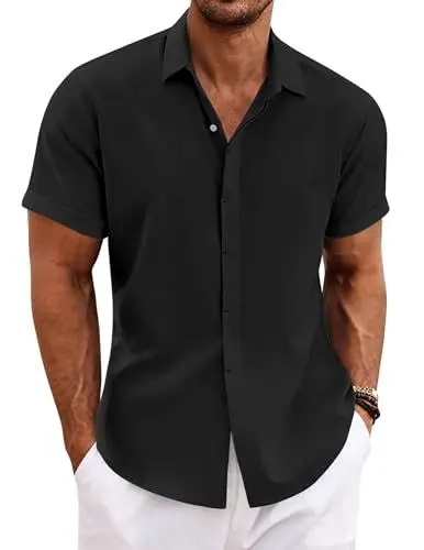 Produktbild: COOFANDY Leinenhemd Herren Sommer Kurzarmhemd Casual Strandhemd Einfarbig Button Down Hemd Schwarz L