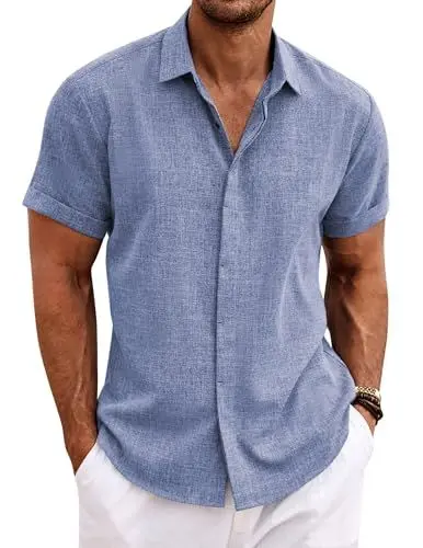 Produktbild: COOFANDY Leinenhemd Herren Sommer Kurzarmhemd Einfarbig Regular Fit Freizeithemd Leichtes Beach Shirt Tiefes Blau XL