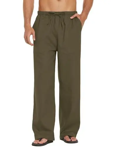 Produktbild: COOFANDY Hose Herren Leinenhose mit Tunnelzug Sommerhose Leicht Freizeithose Strandhosen Lange Hosen Einfarbig Herrenhose mit Tasche Armeegrün XL