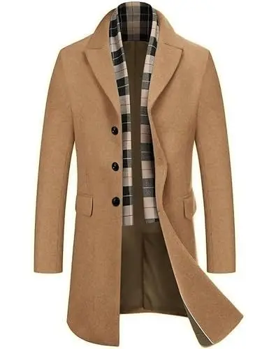 Produktbild: COOFANDY Mantel Herren Lang Wintermantel Winterjacke Trenchcoat Windjacke Reversjacke Herrenmantel mit Abnehmbaren Karierten Schals Männer Warmer Wollmantel Dunkler Kaffee M