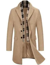 Produktbild: COOFANDY Mantel Herren Wintermantel Winterjacke Trenchcoat Windjacke Reversjacke Herrenmantel Kurzmantel mit Abnehmbaren Karierten Schals Männer Warmer Wollmantel Khaki M