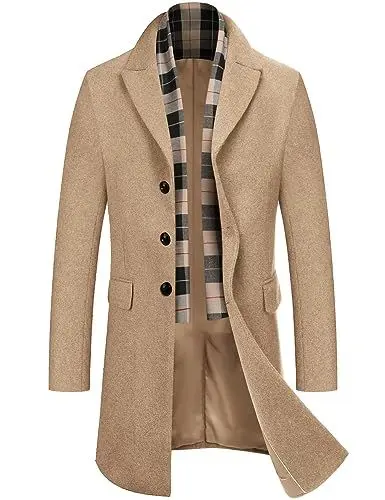 Produktbild: COOFANDY Mantel Herren Wintermantel Winterjacke Trenchcoat Windjacke Reversjacke Herrenmantel Kurzmantel mit Abnehmbaren Karierten Schals Männer Warmer Wollmantel Khaki M
