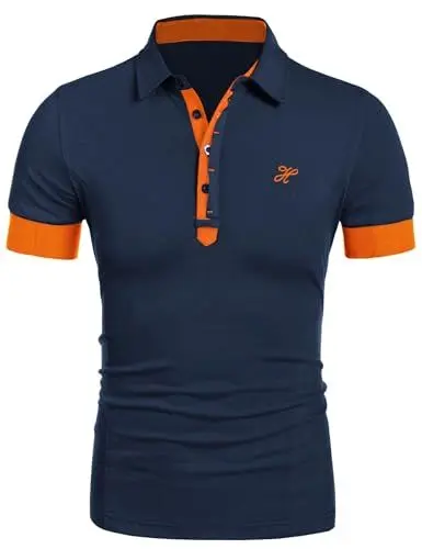 Produktbild: COOFANDY Herren Poloshirt Kurzarm Hemd Kontrast Polo Sommer T-Shirts Männer Sport Shirts Regular Fit Golf Navy & Orange M