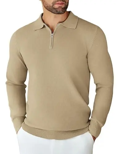Produktbild: COOFANDY Polo Kragen Pullover Herren Strickpullover Sweater Männer Half Zip Knitted Pulli Reißverschluss Einfarbig Langarm Khaki XL