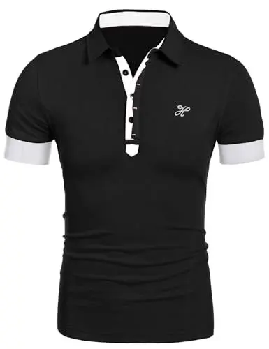 Produktbild: COOFANDY Polo Shirts Männer Kurzarm Herren Poloshirt Sommer T-Shirt Slim Fit Sport Shirts Golf Tops Schwarz & Weiß L