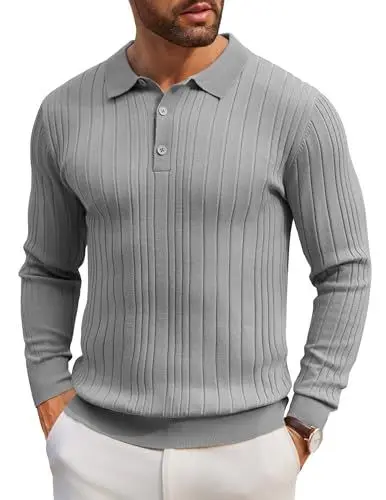 Produktbild: COOFANDY Polohemd Feinstrick Langarm Herren Button Down Regular Fit Strickpullover Schmale Streifen Design Polo Langarmshirt Hellgrau M