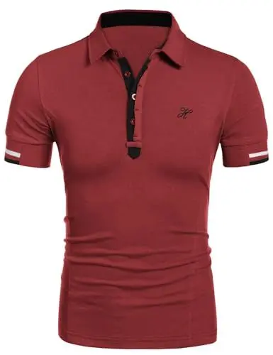Produktbild: COOFANDY Poloshirt Herren Kurzarm Polohemd Stickerei Muskelshirt T-Shirt Golf Polo Hemd Alpha Shirts Männer Weinrot M