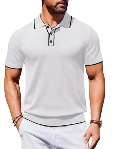 Produktbild: COOFANDY Poloshirt Herren Kurzarm Sommer Männer T-Shirt mit Knopfleiste Gestricktes Golf Polohemd Regular Fit Weiß L
