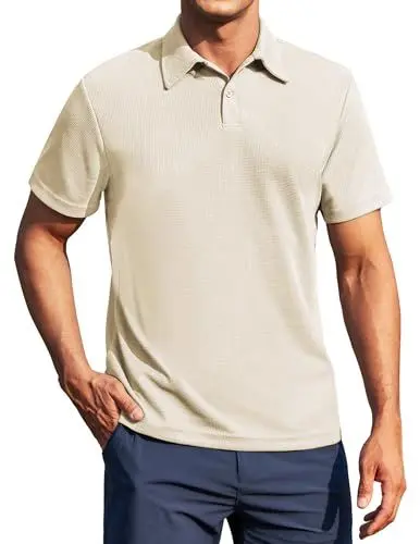 Produktbild: COOFANDY Poloshirt Herren Kurzarm Waffel Tee Sommer Polohemd a Creme L