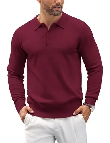 Produktbild: COOFANDY Poloshirt Herren Langarm Strickpullover Mit Polokragen Polo Pullover Männer Winterpullover Pulli Weinrot XL