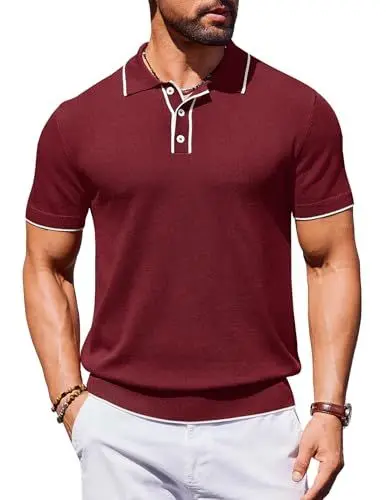 Produktbild: COOFANDY Poloshirt für Herren Strick Polo Shirt Kurzarm Fashion Sommer Polohemd Sommer Casual Shirt Regular Fit Weinrot M
