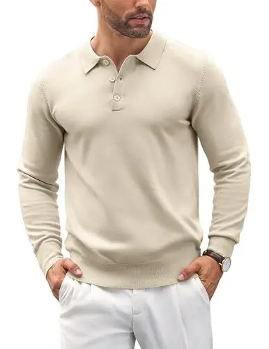 Produktbild: COOFANDY Pullover Für Herren Poloshirt Langarm Strickpullover Pullover Männer Business Winterpullover Poloshirts Regular Fit Solid Oberteile Creme XL
