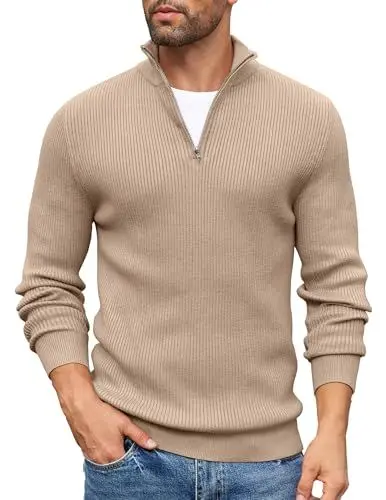 Produktbild: COOFANDY Pullover Herren 1/4 Zip Rollkragenpullover Troyer Rollkragenpulli Strickpullover Winterpullover Stehkragen Pullover Leichte warm Arbeitspullover Khaki XL