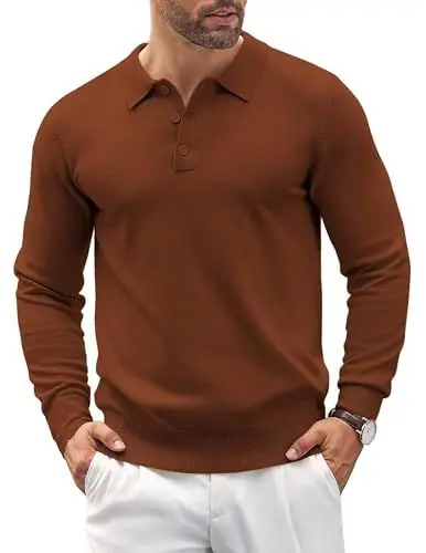 Produktbild: COOFANDY Pullover Herren Polo Shirt Langarm Strick Pullover Feinstrick Winterpullover Polohemd mit Polokragen Braun S