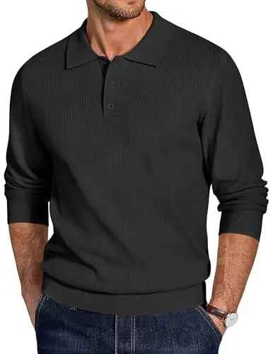 Produktbild: COOFANDY Pullover Herren Polo Strickpullover Langarm Poloshirt Männer Basic Pulli Casual Business Sweater Schwarz L
