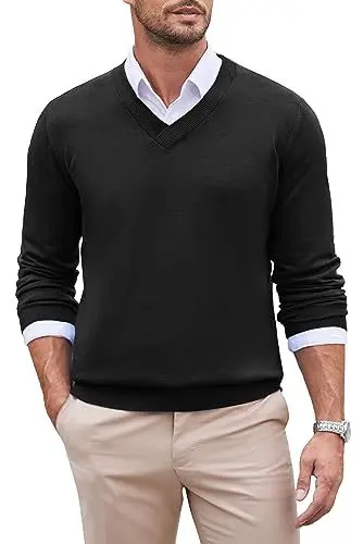 Produktbild: COOFANDY Pullover Herren V Ausschnitt Strickpullover Langarm Regular Fit Feinstrick Pullover Casual Business Pulli Winterpullover Sweater Einfarbig Schwarz L