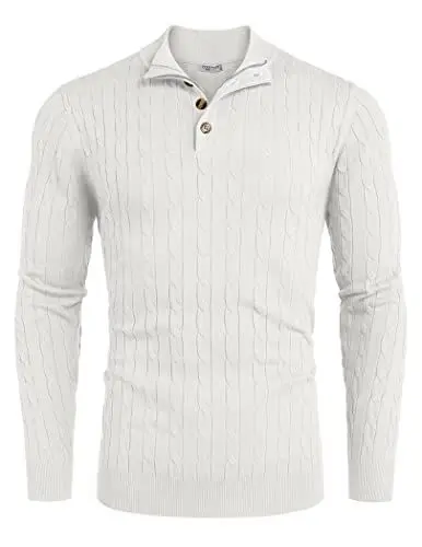 Produktbild: COOFANDY Pullover für Herren Rollkragen Pullover Strick Pullover Winter Pullover Zip Neck Langarm Feinstrick Pullover mit Stehkragen und Reißverschluss Weiß XL