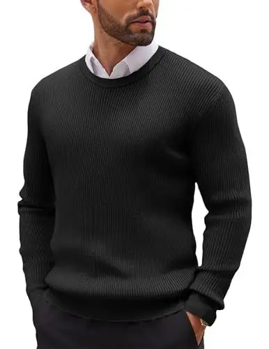 Produktbild: COOFANDY Rundhals Pullover Herren Basic Strickpullover Feinstrick Business Pullover Basic Sweater Regular Fit Einfarbig Pulli Schwarz L