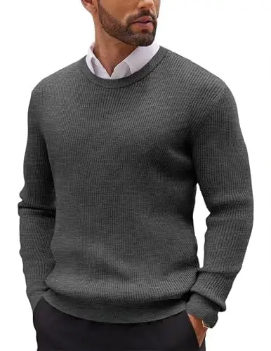 Produktbild: COOFANDY Rundhals Pullover Herren Strickpullover Feinstrick Business Pullover Ribbed Sweater Winterpullover Regular Fit Sweatshirt Dunkelgrau L