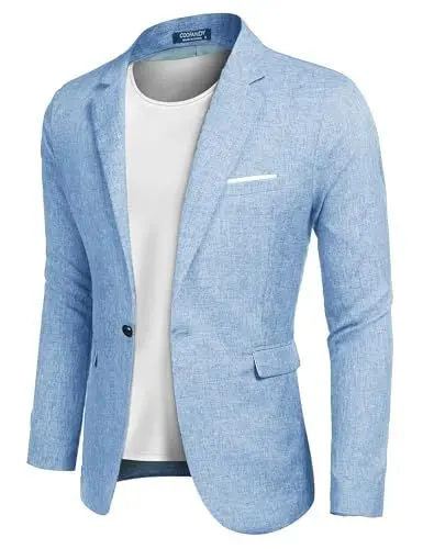 Produktbild: COOFANDY Sakko Herren Sportlich Leinen Männer Blazer Freizeit Slim Fit Modern Anzugjacke Leichte Hellblau XL