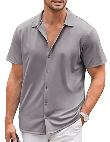 Produktbild: COOFANDY Sommer Kurzarmhemd Herren Bügelfrei Leichte Sommerhemd Casual Regular Fit Hemden Herren Outdoor Einfarbig Strand Shirt Grau XL