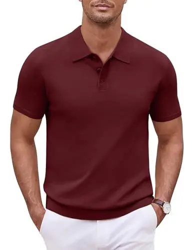 Produktbild: COOFANDY Strick Poloshirt Herren Kurzarm Leichtes Sommer Casual Hemd Männer Polohemd Outdoor Golf Polo T Shirt Weinrot S