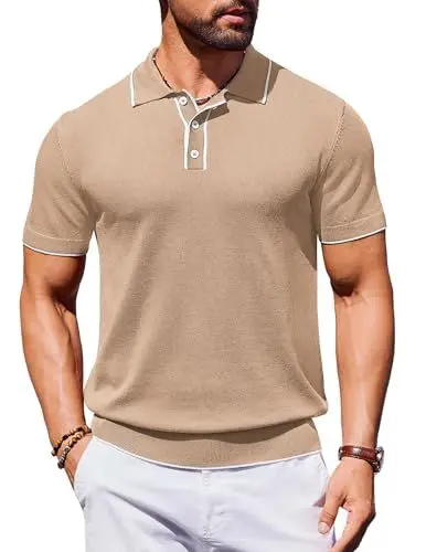 Produktbild: COOFANDY Strick Poloshirt Herren Kurzarm Poloshirt Herren Sommer T-Shirt mit Knopfleiste Gestricktes Golf Polohemd Khaki M