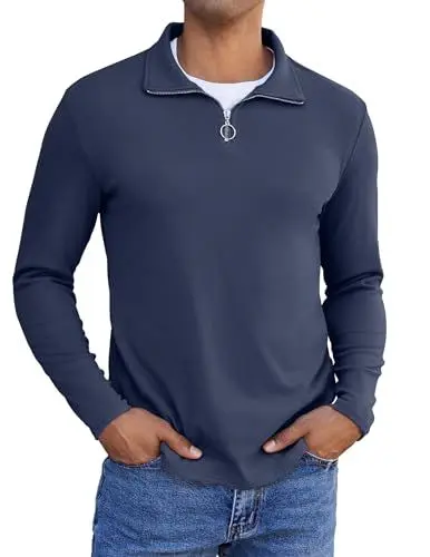 Produktbild: COOFANDY Sweatshirt Herren Ohne Kapuze Winter Longsleeve T Shirt Poloshirt Herren Langarm Half Zip Pullover Langarmshirts Zip Sweater Polo Sweatshirt Sweater Navy Blau XL