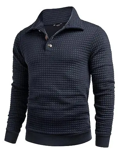 Produktbild: COOFANDY Sweatshirts für Herren Waffel Pullover mit Stehkragen Sweatshirt Winter Pullover Langarm Rollkragenpullover mit Knopfleiste Pulli Blau XL