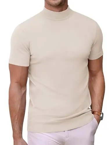 Produktbild: COOFANDY T-Shirt Herren Strick Kurzarm Shirt Stehkragen Männer T Shirt Rollkragenshirt Basic Tops Mondgrau L
