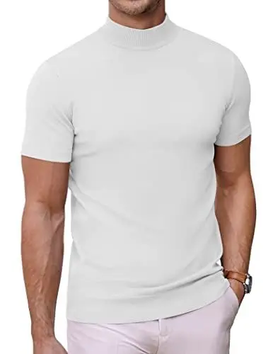 Produktbild: COOFANDY Stehkragen T-Shirts Rollkragen Herren Kurzarm Business Tshirt Einfarbig Männer Unterhemd Slim Fit Basic Tops Weiß L