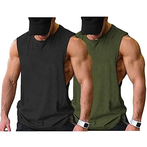 Produktbild: COOFANDY Tanktop Herren Gym Bodybuilding Ärmelloses T-Shirt Athletic Workout Männer Muskelshirts Schwarz Armeegrün 2 Stück L
