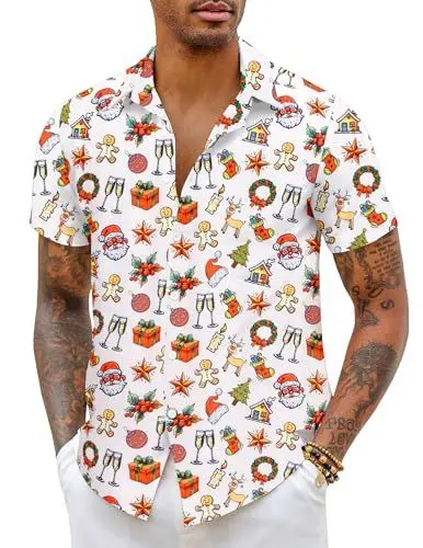 Produktbild: COOFANDY Weihnachtshemd Herren Weihnachtsshirt Kurzarm Xmas Shirt Funky Kurzarm Christmas Hemd Weihnachten Hemd Christmas Freizeithemd Weihnachts Shirt Funky Christmas Weiß M