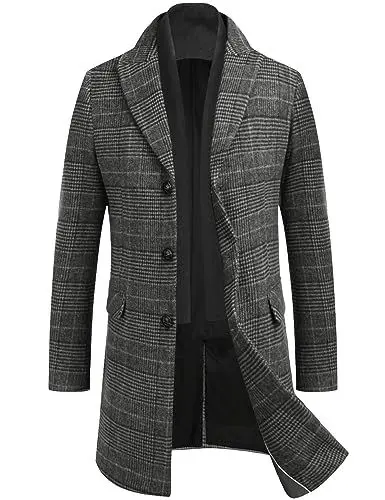 Produktbild: COOFANDY Wintermantel Herren Mantel Winterjacke Trenchcoat Windjacke Reversjacke Herrenmantel mit Abnehmbaren Karierten Schals Männer Warmer Kurzmantel Kariert-Schwarz XL