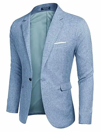 Produktbild: Coofandy Sakko Herren Sportlich Slim Fit Leinen Blazer Freizeit Sakkos Business Anzugjacke Hochzeit Party Hellblau Mplus