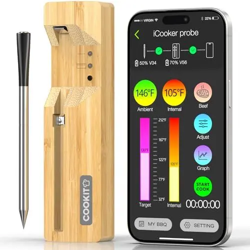 Produktbild: COOKIT Kabelloses Smart Fleischthermometer, 100m Bluetooth 5.3 Grillthermometer, APP Steuerung IPX7 Lebensmittelthermometer für BBQ Grill, Smoker, Ofen, Rotisserie, Airfryer, Geschenke für Ehemann