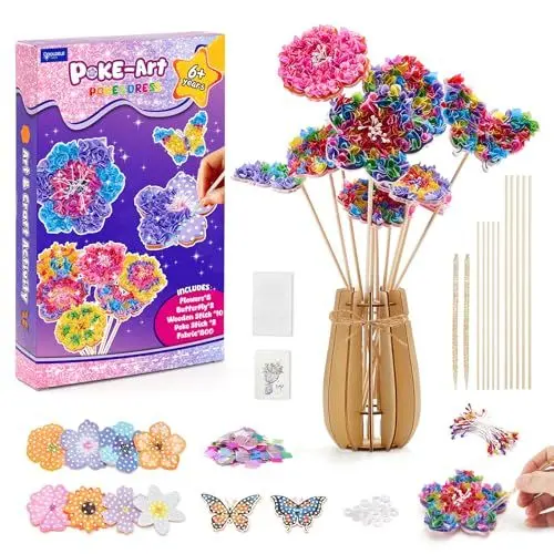 Produktbild: COOLDELE Arts and Crafts Kit - Poke Art Blumenstrauß mit Schmetterling Sortiment für Alter 4-9 Jahre Kein Nähen DIY Bastelset, 3D Holzpuzzle Vase, kreatives Geschenk für Mädchen und Jungen