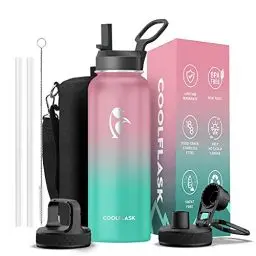 Produktbild: Coolflask 1180ml Isolierte Wasserflasche mit Strohhalm & 3 Deckeln, Metall-Wasserflasche für Sport oder Büro, doppelt vakuumdicht, leicht zu reinigen, Bubble Gum