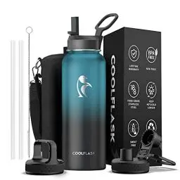 Produktbild: Coolflask 1180ml Isolierte Wasserflasche mit Strohhalm & 3 Deckeln, Metall-Wasserflasche für Sport oder Büro, doppelt vakuumdicht, leicht zu reinigen, Indigo Schwarz