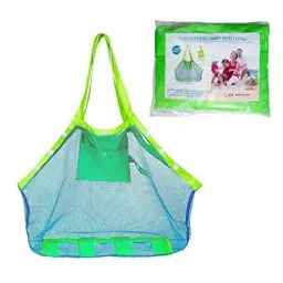 Produktbild: COOLGOEU Strandtasche Strandspielzeug Tasche XXL Groß für Sandspielzeug Wasserspielzeug für Kinder Aufräumsack Spielsack Badetasche Beachbag Faltbar für Familie Urlaub (Blau Mesh/Grün Strap)