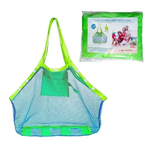 Produktbild: COOLGOEU Strandtasche Strandspielzeug Tasche XXL Groß für Sandspielzeug Wasserspielzeug für Kinder Aufräumsack Spielsack Badetasche Beachbag Faltbar für Familie Urlaub (Blau Mesh/Grün Strap)