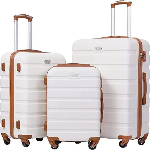 Produktbild: COOLIFE Hartschalen-Koffer Trolley Rollkoffer Reisekoffer ardschale Boardcase Handgepäck mit TSA-Schloss und 4 Rollen (Weiß/Braun, Koffer-Set)