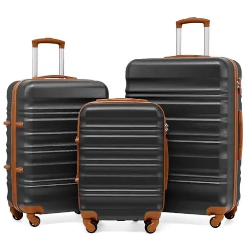 Produktbild: COOLIFE Hartschalen-Koffer Trolley Rollkoffer Reisekoffer mit TSA-Schloss und 4 Rollen (Schwarz/Braun, Koffer-Set)
