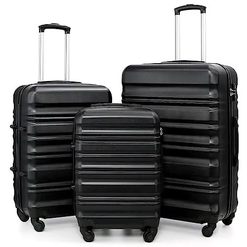 Produktbild: COOLIFE Hartschalen-Koffer Trolley Rollkoffer Reisekoffer mit TSA-Schloss und 4 Rollen (Schwarz, Koffer-Set)