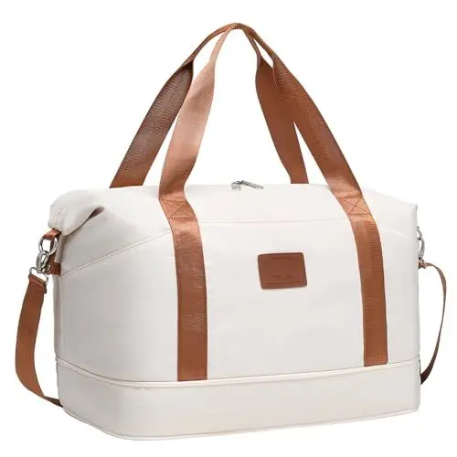 Produktbild: COOLIFE Kabinentasche Groß Reisetasche Sporttasche, 45x36x20cm, Easyjet AirlinesFreigepäck Underseat Handgepäck,Overnight Weekend Handgepäck für Damen,Wasserfest Handtasche für Sport&Reisen(25L, Weiß)